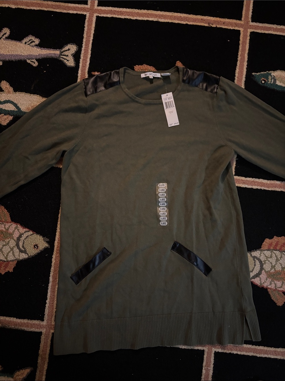 eight eight eight Olive Green Crew Neck Sweater with Faux Leather Detail